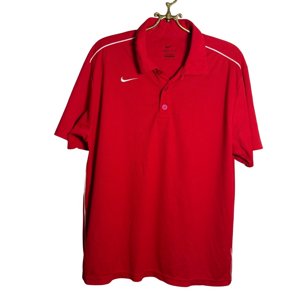 Nike Dri-FIT Mens Large Red Short Sleeve Polo Shirt Embroidered Swoosh Piping
